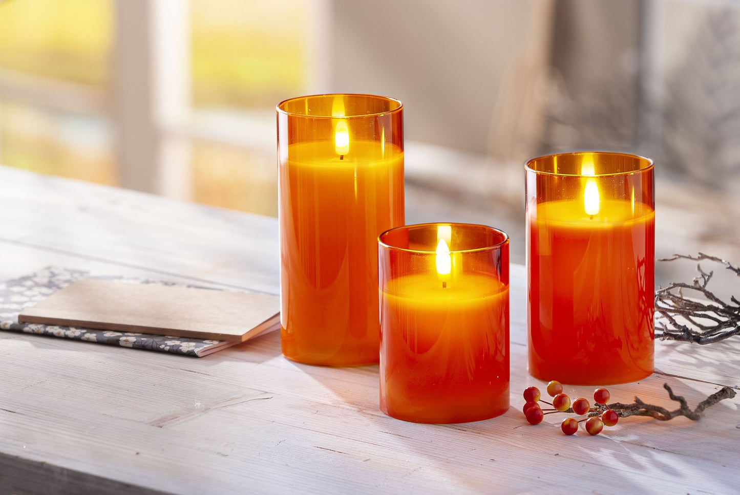 LED-Kerzen im Glas 3er-Set, (Farbe: orange)