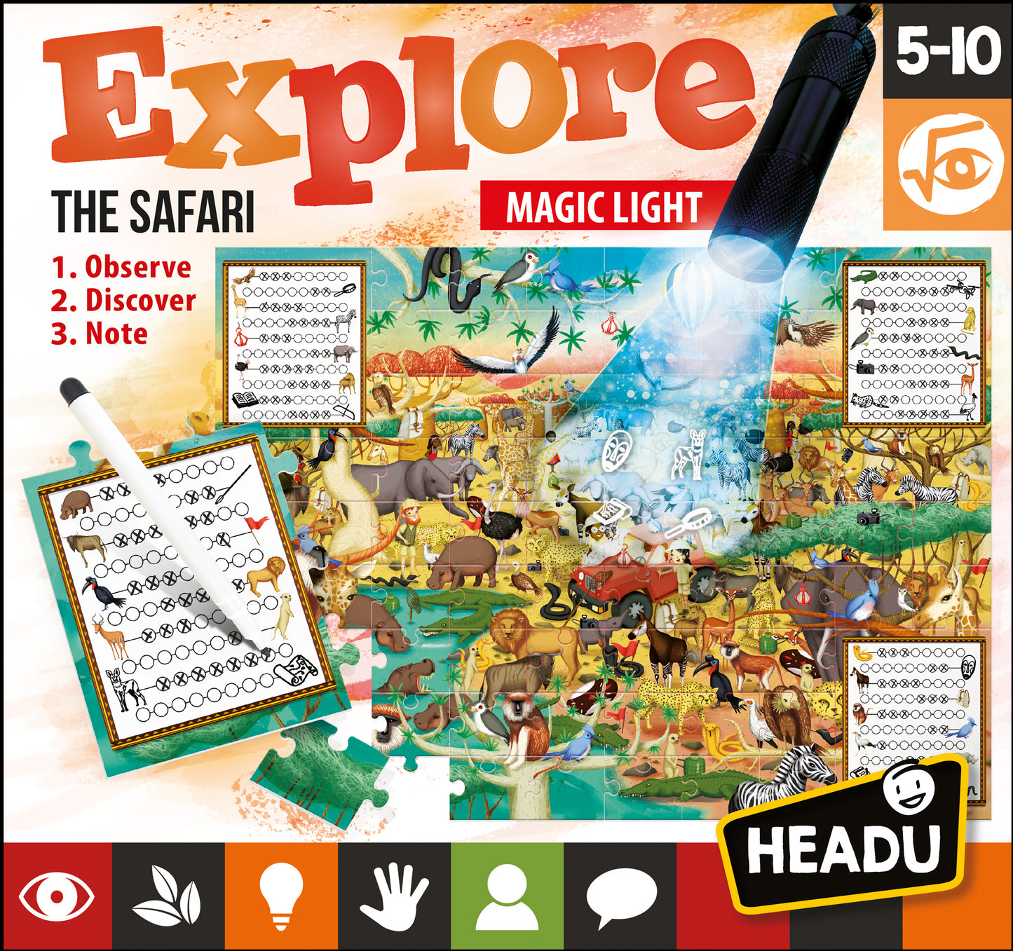 Headu Game Explore Safari mit Taschenlampe (70 Teile)