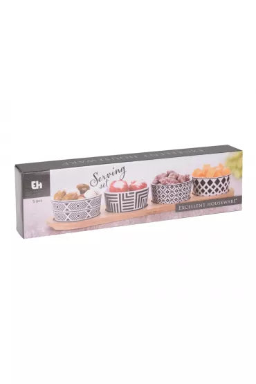 Excellent Houseware Bambustablett mit 4 Keramik Schalen
