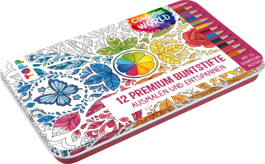 Colorful World Designdose mit 12 Premium-Buntstiften