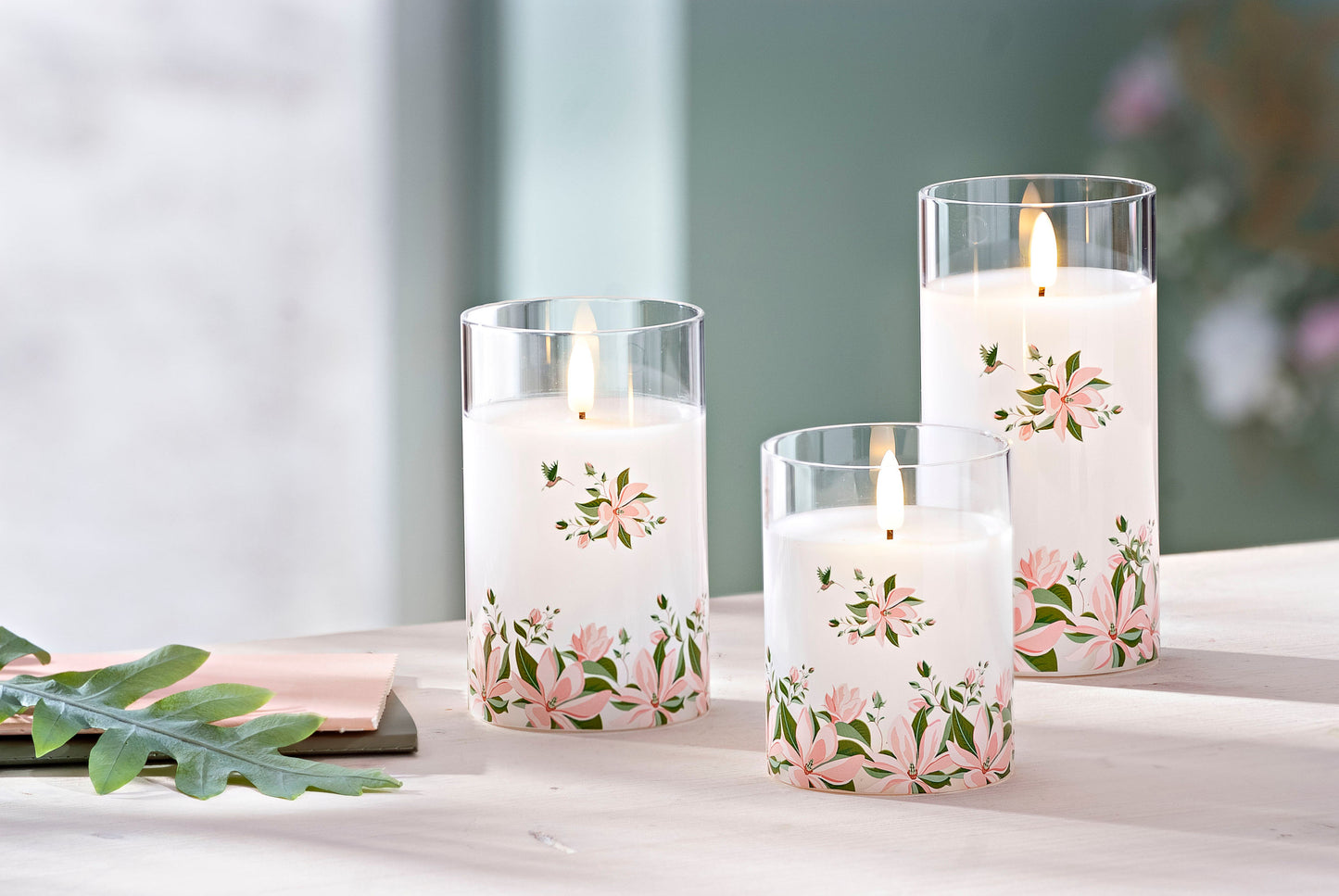 LED-Kerzen "Magnolie" im Glas, 3er-Set