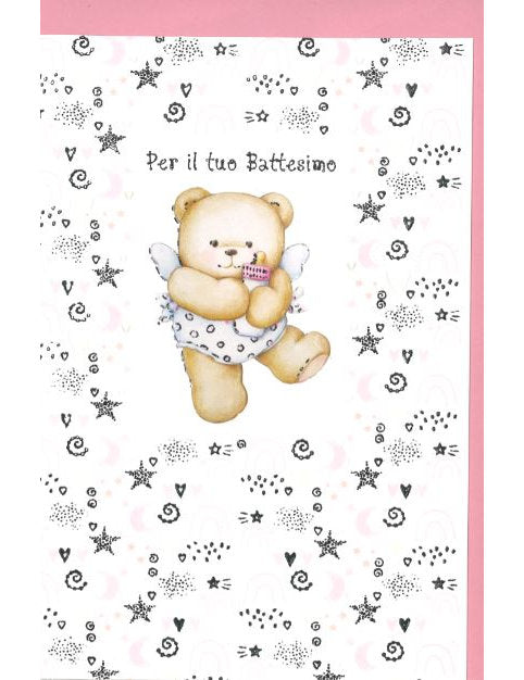 BIGLIETTO BATTESIMO ROSA C/RILIEVO E FOI