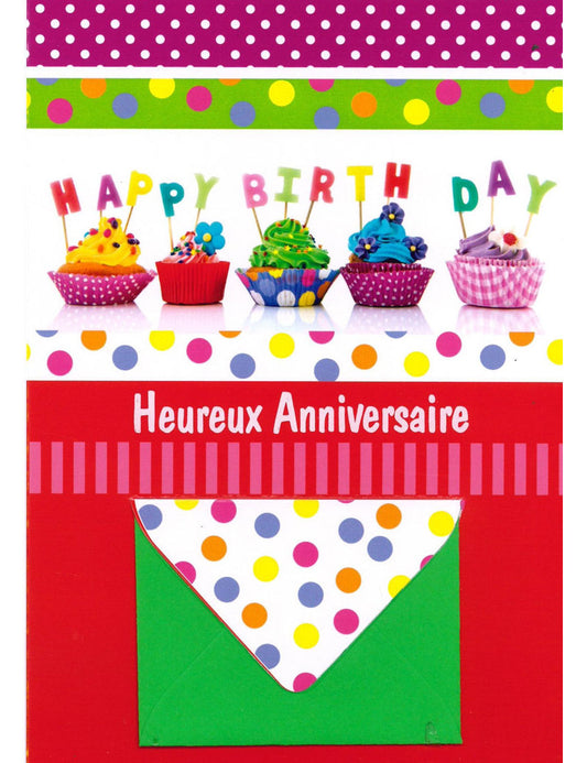 Doppelkarte. Heureux Anniversaire Enveloppe d'argent