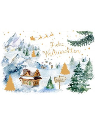 Doppelkarte. Green Karma X-MAS - Weihnachtsmann fliegt übers Dorf