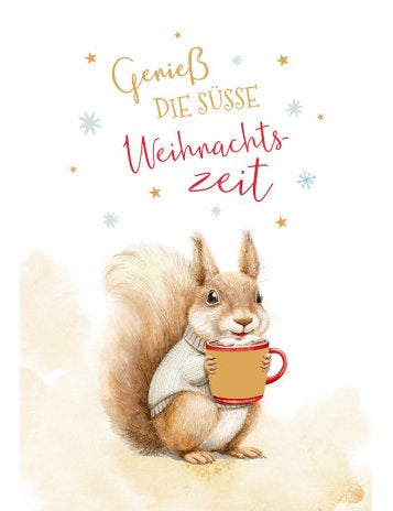Doppelkarte. Green Karma X-MAS - Eichhörnchen mit heißer Schokolade